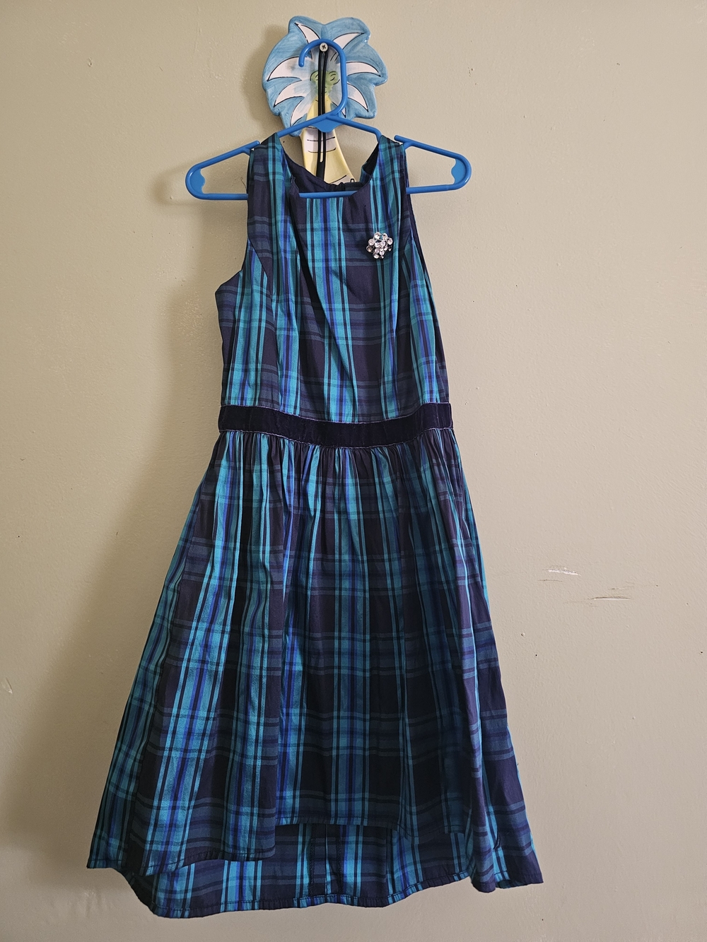 Nautica Teal and Navy Plaid Sleeveless Dress with Brooch